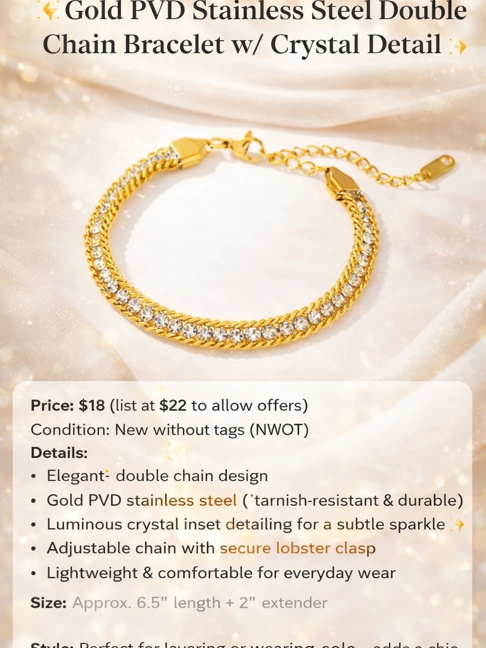 ✨ Gold PVD Stainless Steel Double Chain Bracelet w/ Crystal Detail ✨